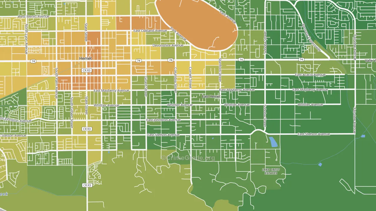 East Hemet, CA Map of Vehicle Theft Rates