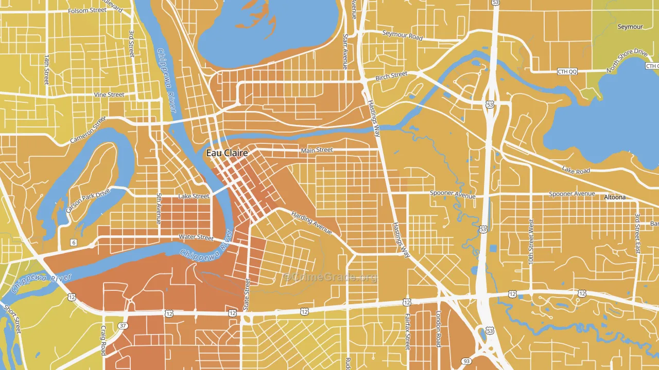 East Hill, Eau Claire, WI Map of Vehicle Theft Rates