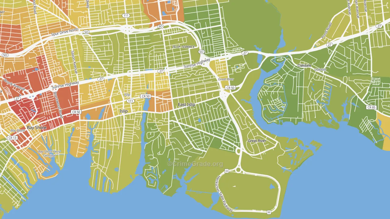 East Islip, NY Map of Vehicle Theft Rates