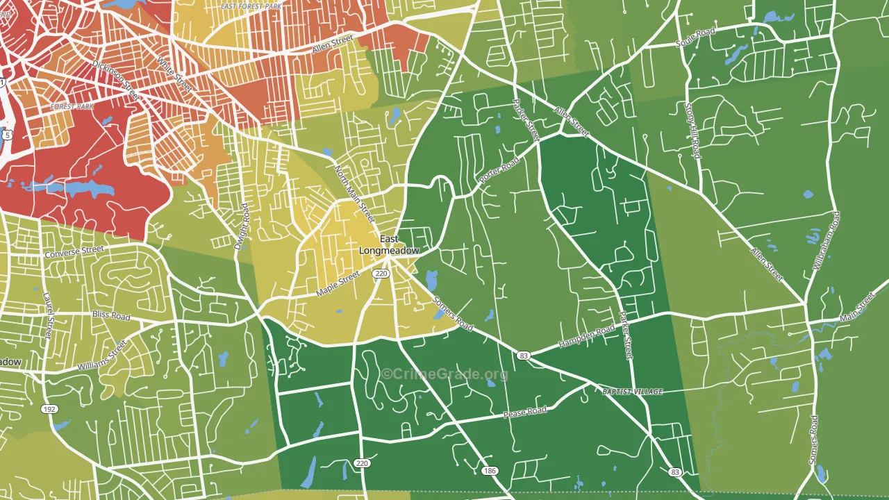 East Longmeadow, MA Map of Vehicle Theft Rates