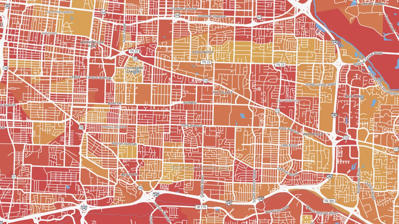 East Memphis-Colonial-Yorkshire, Memphis, TN Map of Vehicle Theft Rates