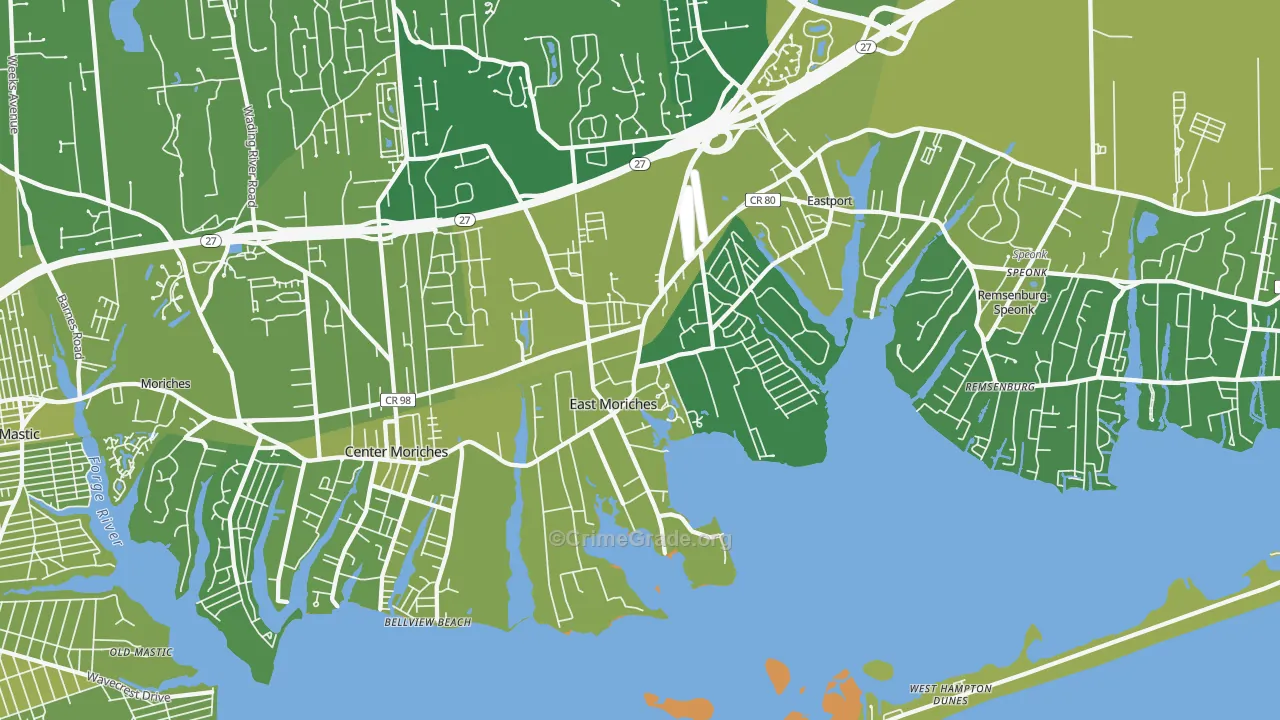 East Moriches, NY Map of Vehicle Theft Rates