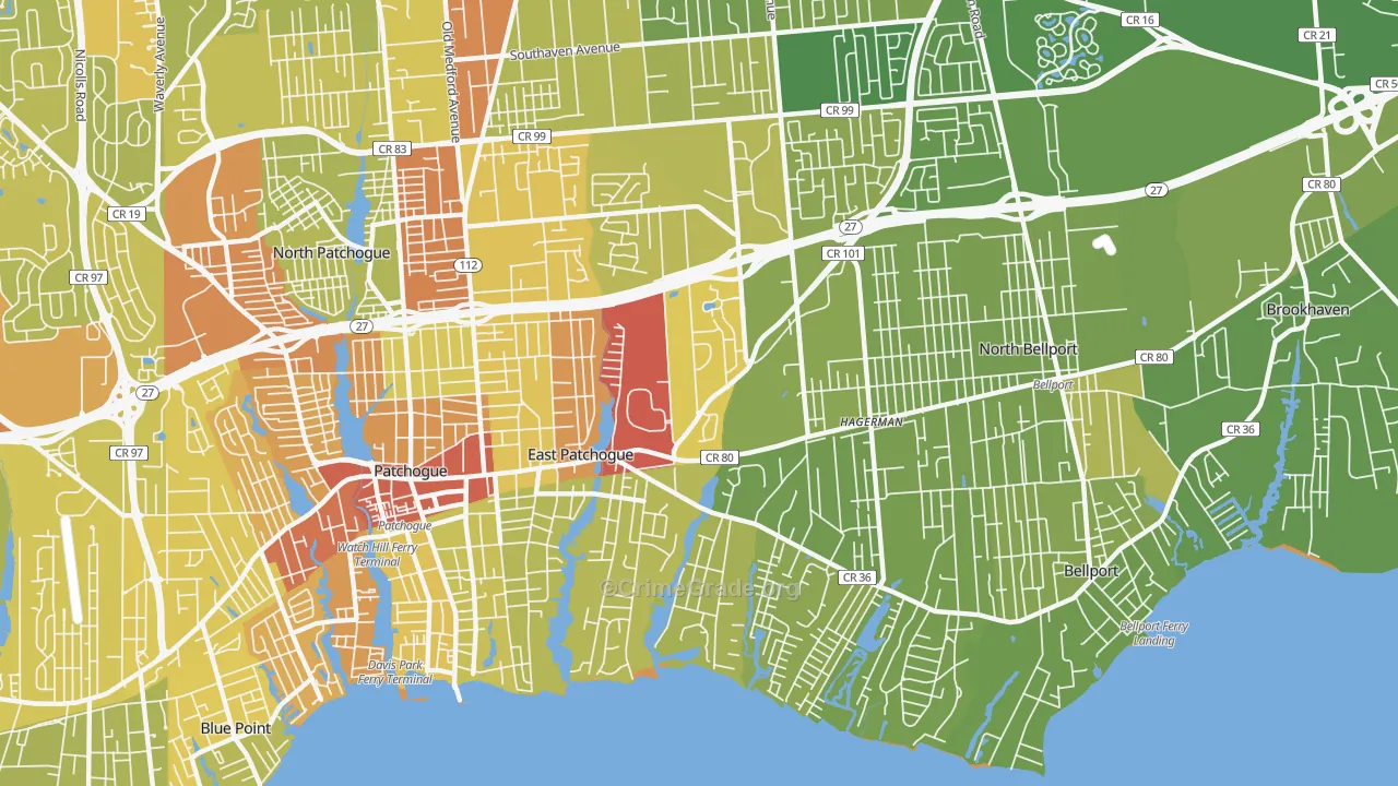 East Patchogue, NY Map of Vehicle Theft Rates