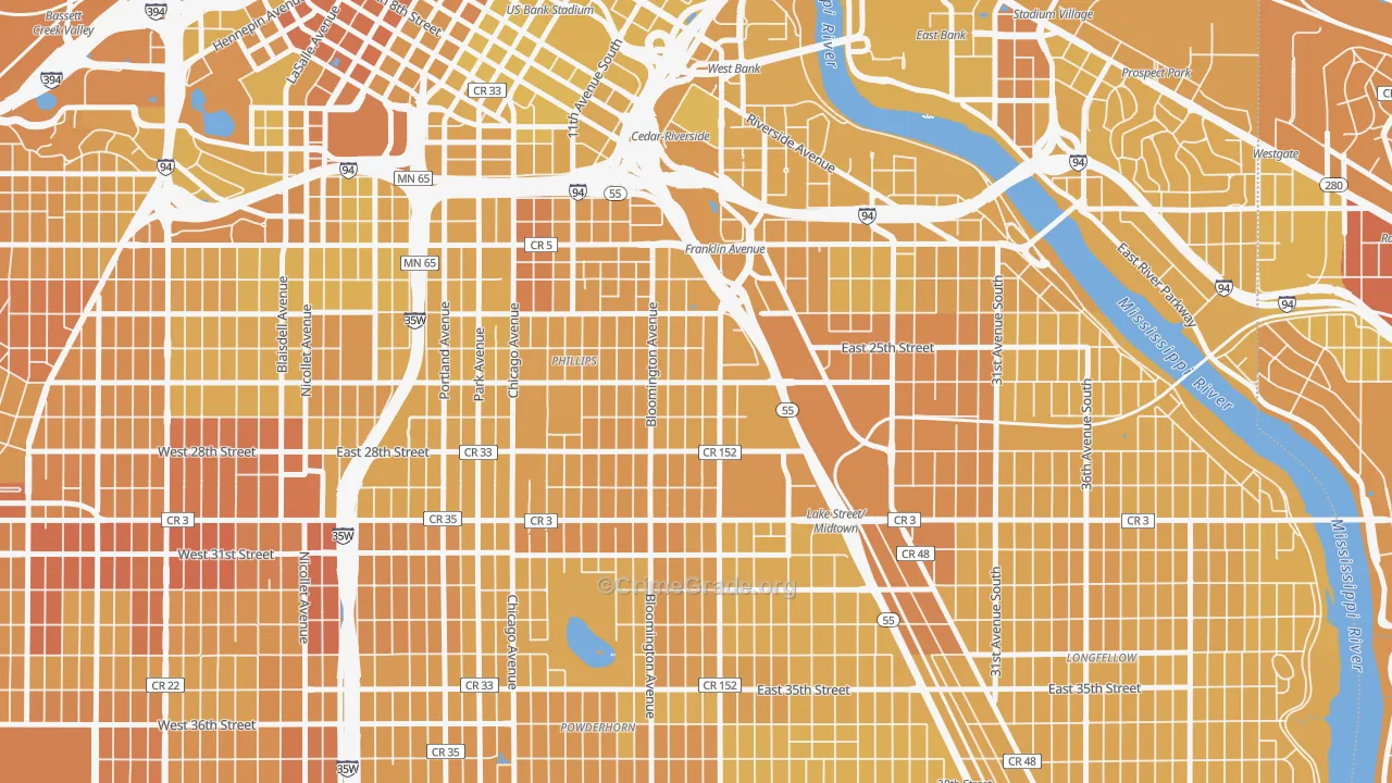 East Phillips, Minneapolis, MN Map of Vehicle Theft Rates