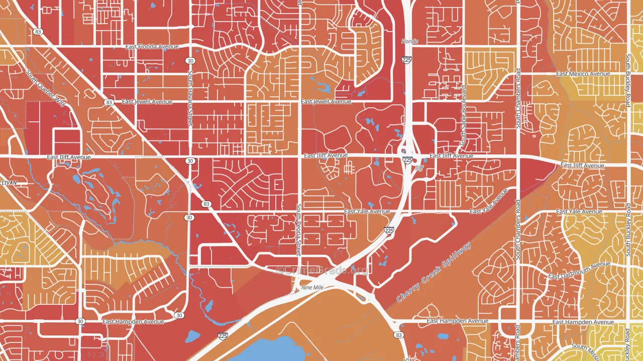 East Ridge-Ptarmigan Park, Aurora, CO Map of Vehicle Theft Rates
