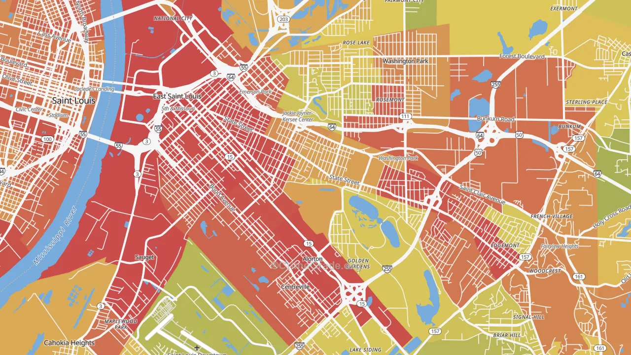 East St. Louis, IL Map of Vehicle Theft Rates