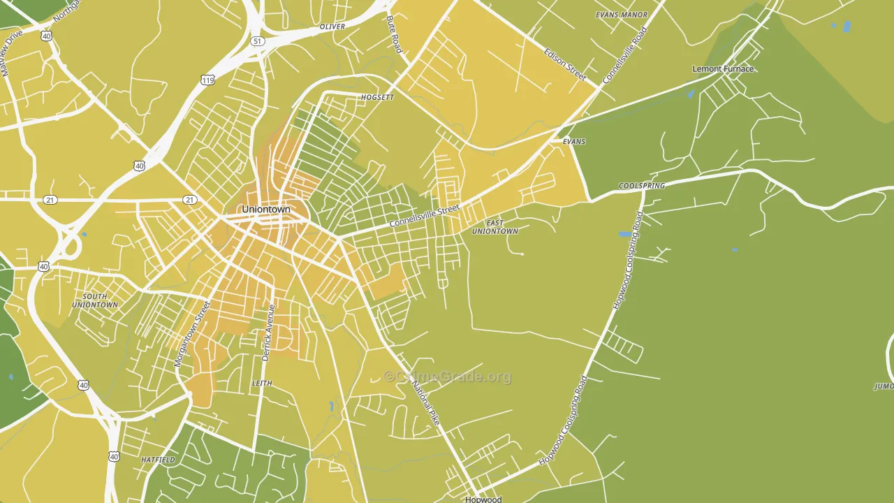 East Uniontown, PA Map of Vehicle Theft Rates