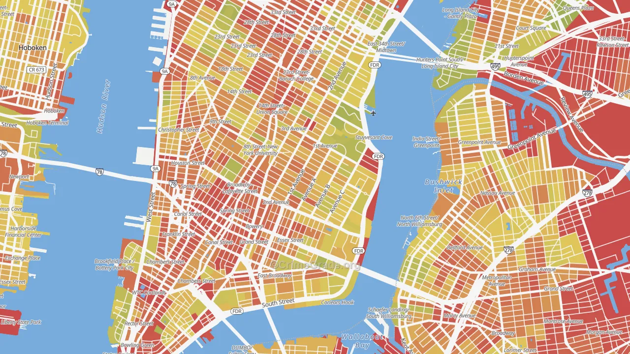 East Village, Manhattan, NY Map of Vehicle Theft Rates
