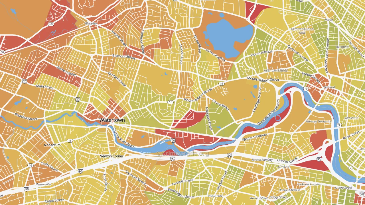 East Watertown, Watertown Town, MA Map of Vehicle Theft Rates