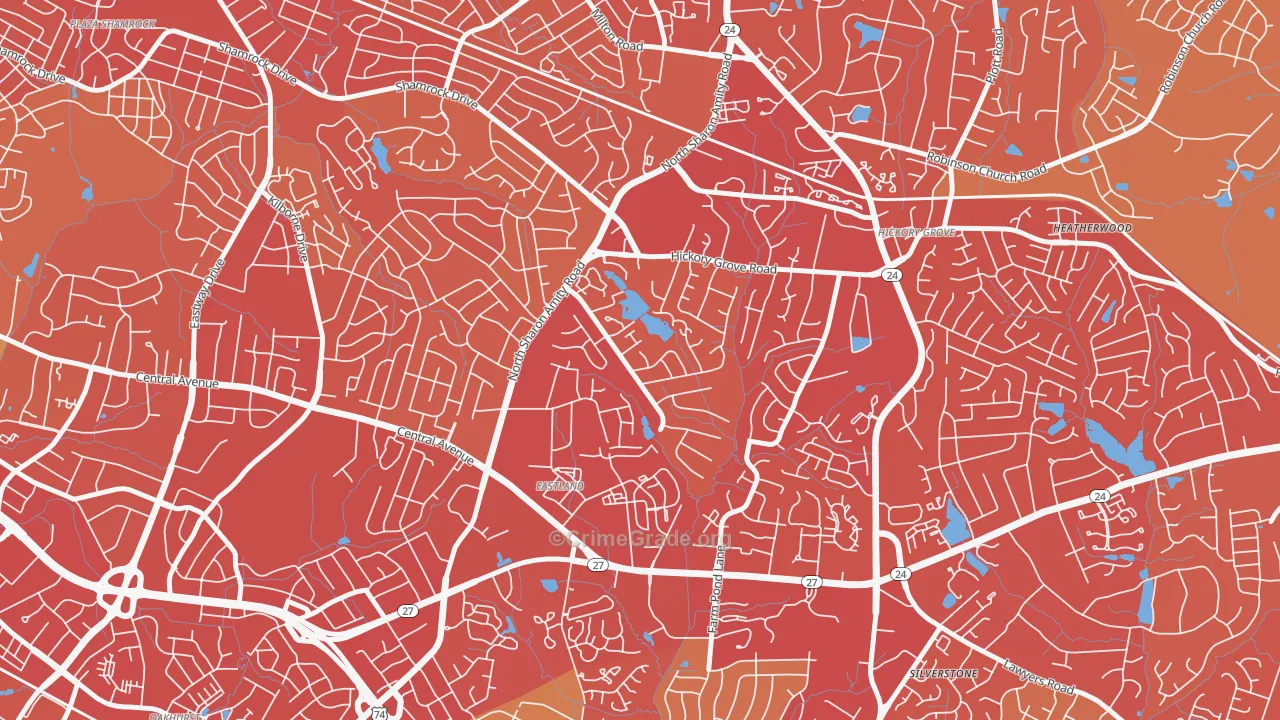 Eastland-Wilora Lake, Charlotte, NC Map of Vehicle Theft Rates