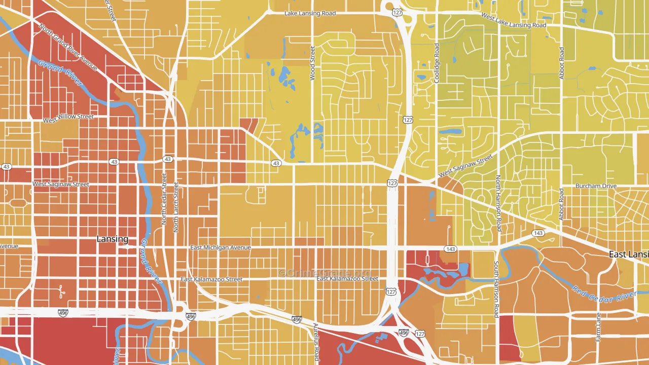 Eastside Lansing, Lansing, MI Map of Vehicle Theft Rates