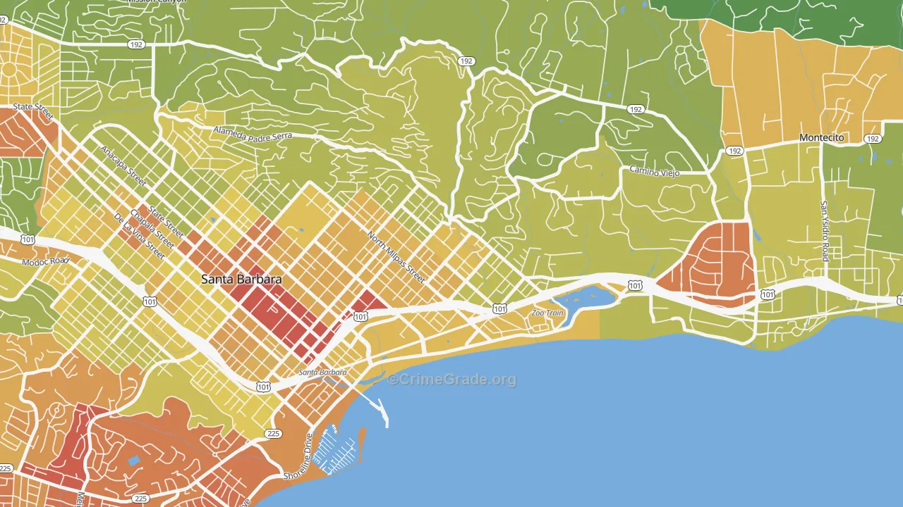 Eastside Santa Barbara, Santa Barbara, CA Map of Vehicle Theft Rates