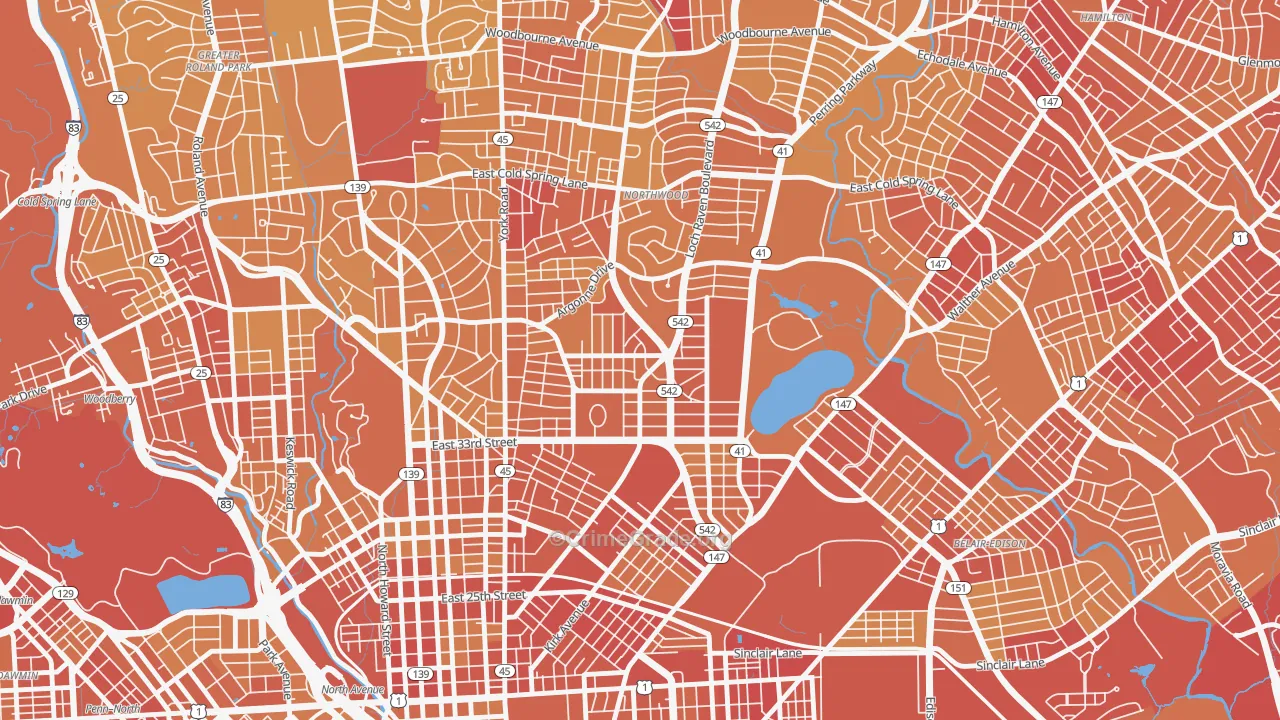 Ednor Gardens-Lakeside, Baltimore, MD Map of Vehicle Theft Rates