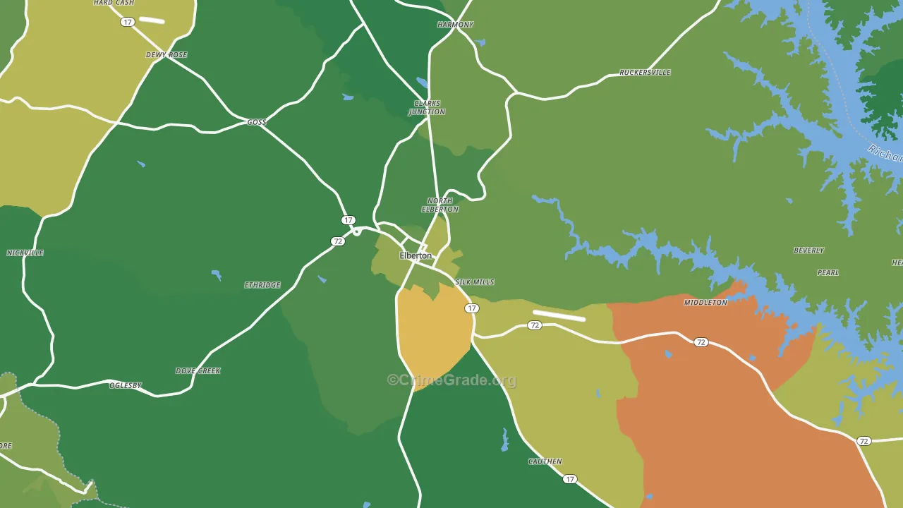 Elberton, GA Map of Vehicle Theft Rates