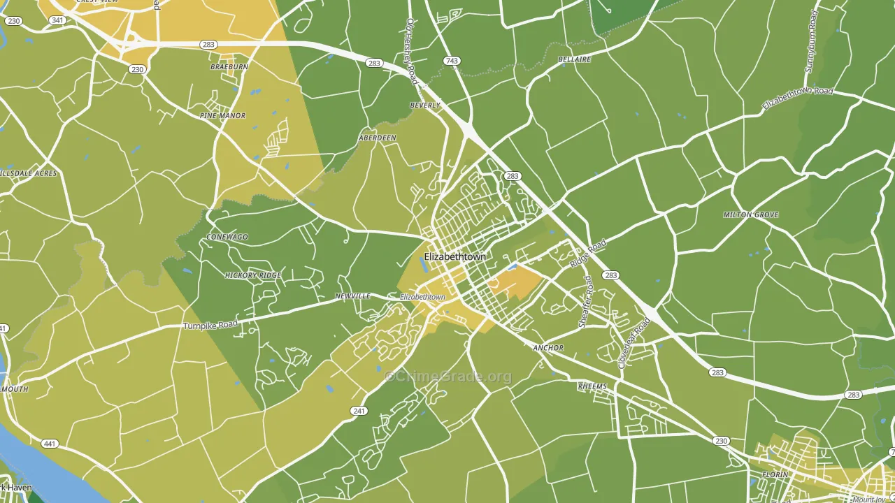 Elizabethtown, PA Map of Vehicle Theft Rates