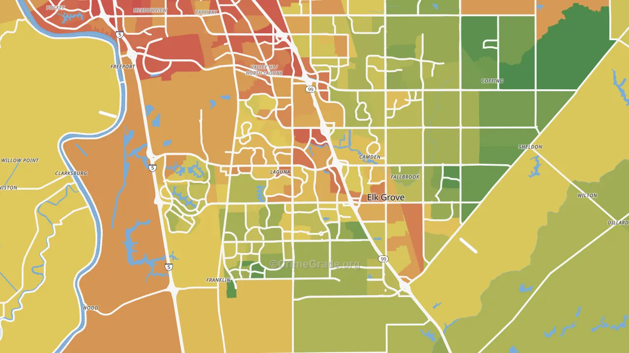 Elk Grove, CA Map of Vehicle Theft Rates