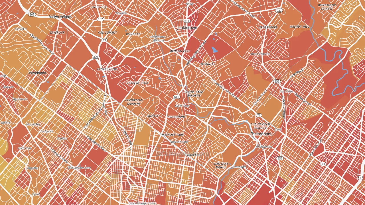 Elkins Park, PA Map of Vehicle Theft Rates