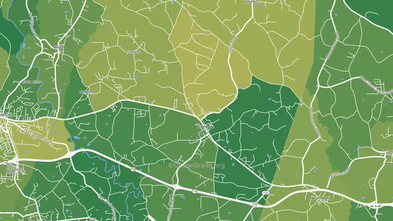 Ellenboro, NC Map of Vehicle Theft Rates