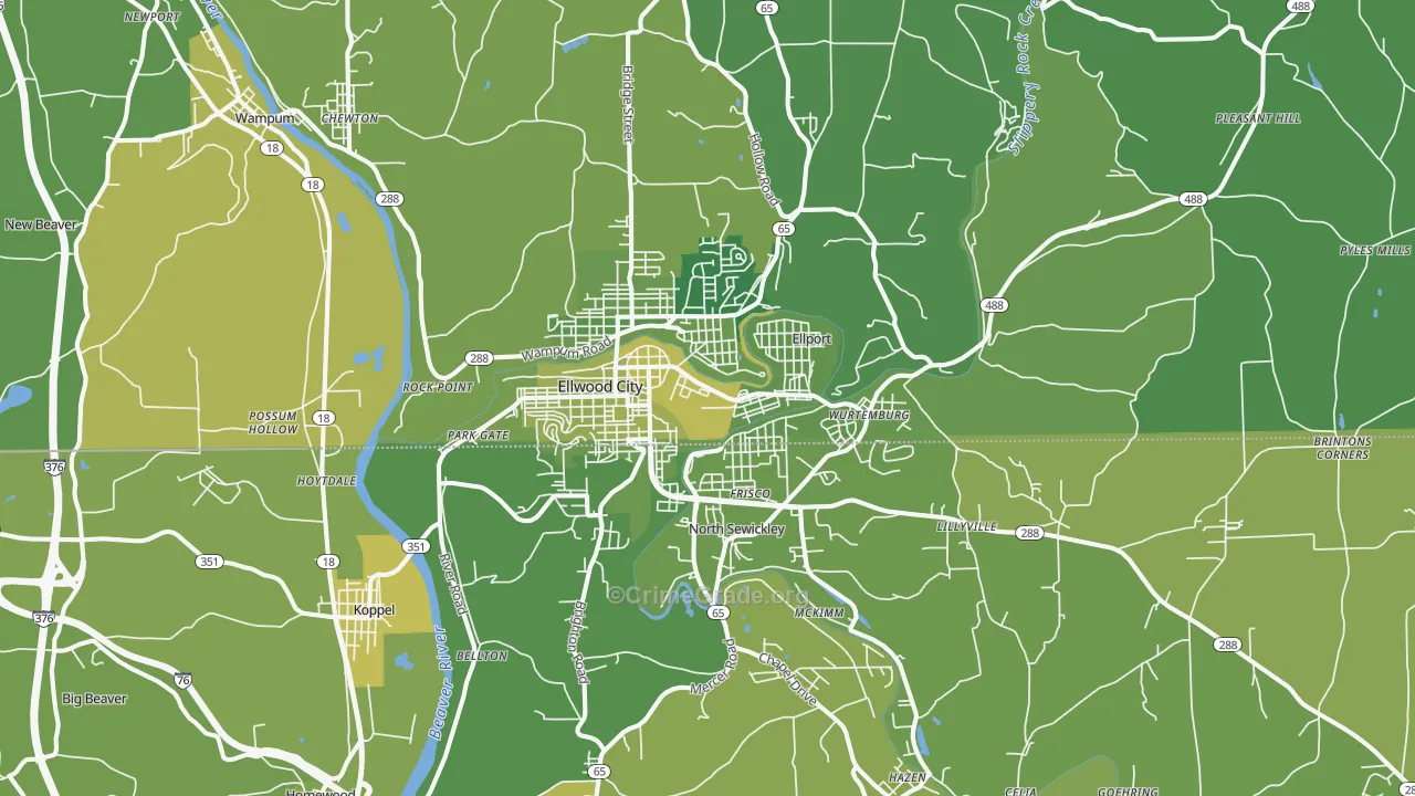 Ellwood City, PA Map of Vehicle Theft Rates