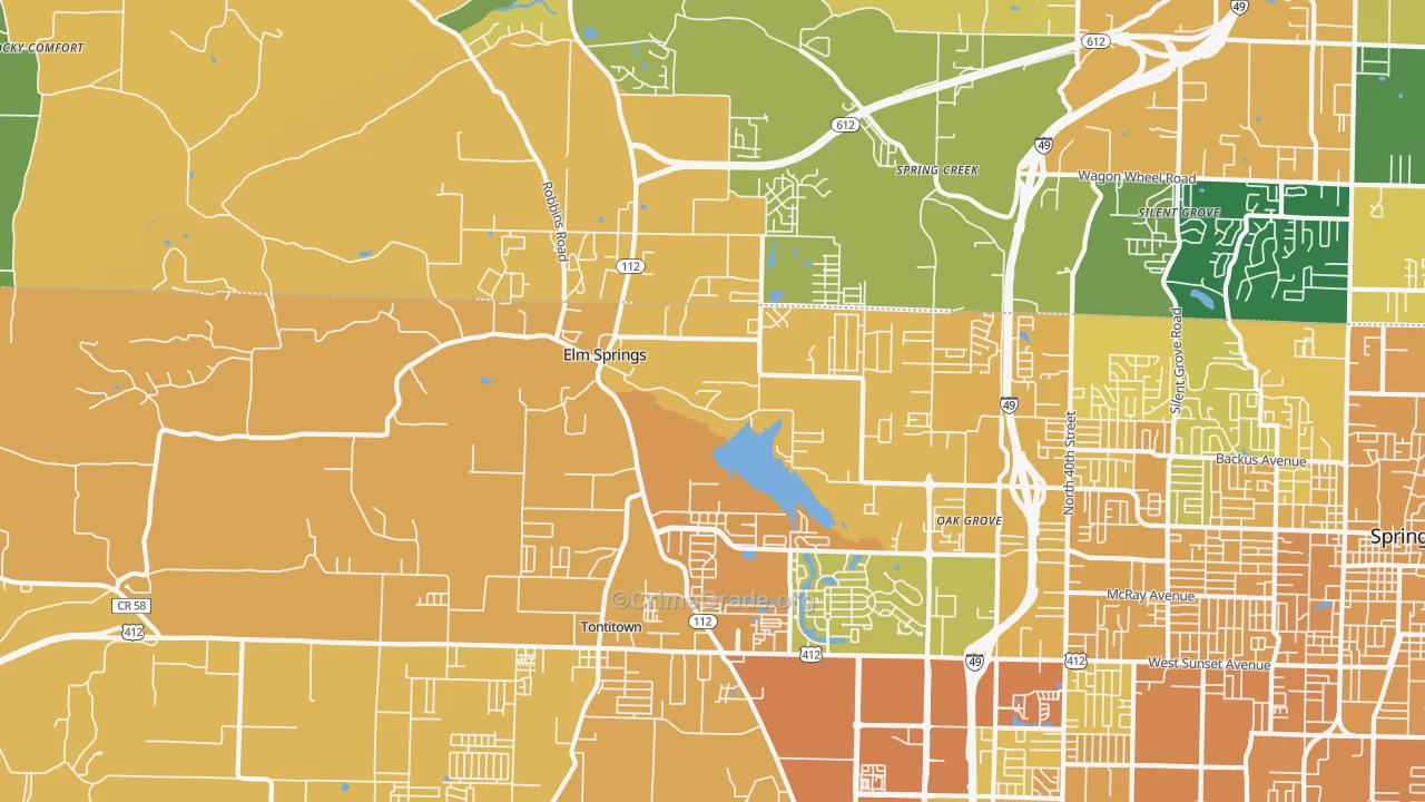Elm Springs, AR Map of Vehicle Theft Rates
