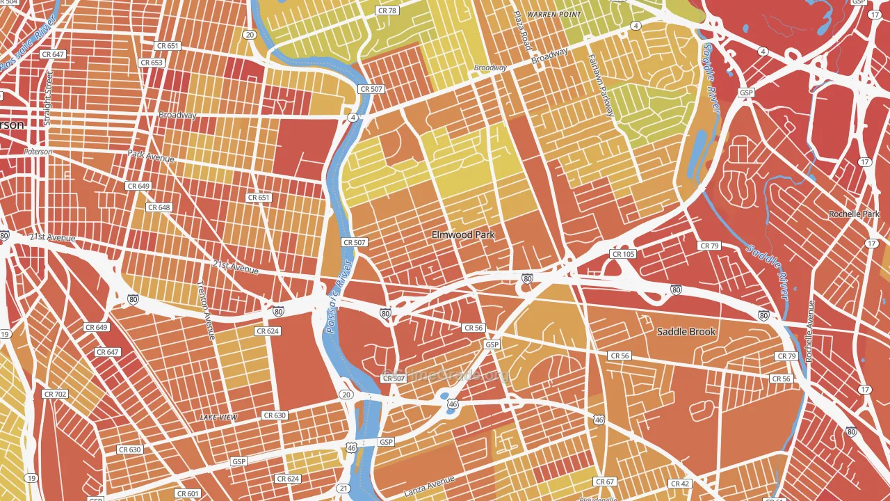 Elmwood Park, NJ Map of Vehicle Theft Rates