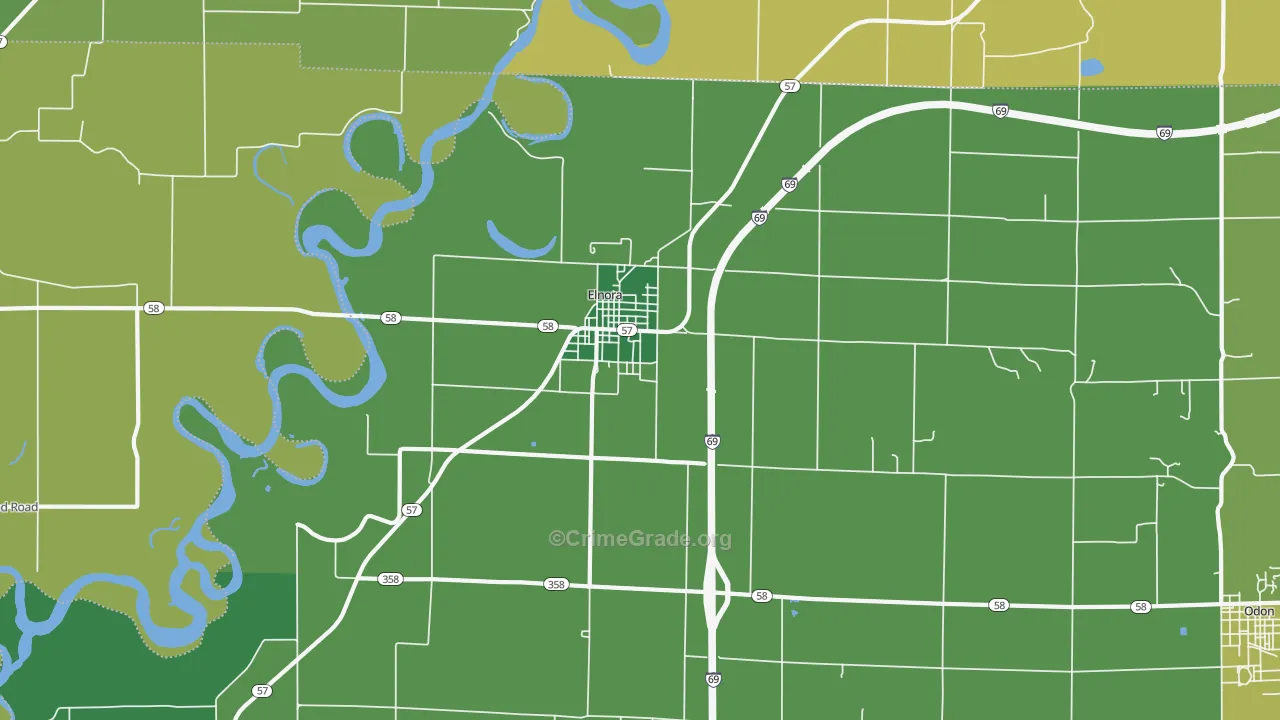 Elnora, IN Map of Vehicle Theft Rates