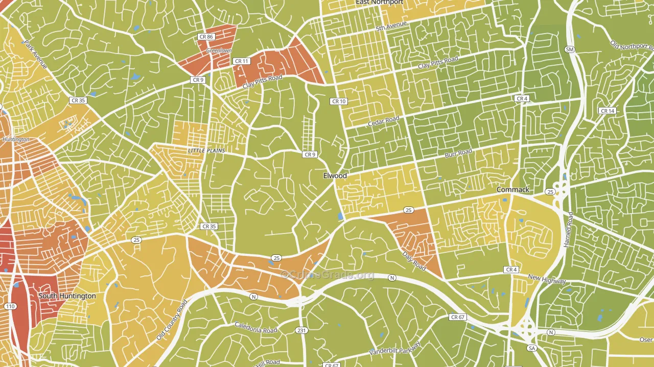 Elwood, East Northport, NY Map of Vehicle Theft Rates