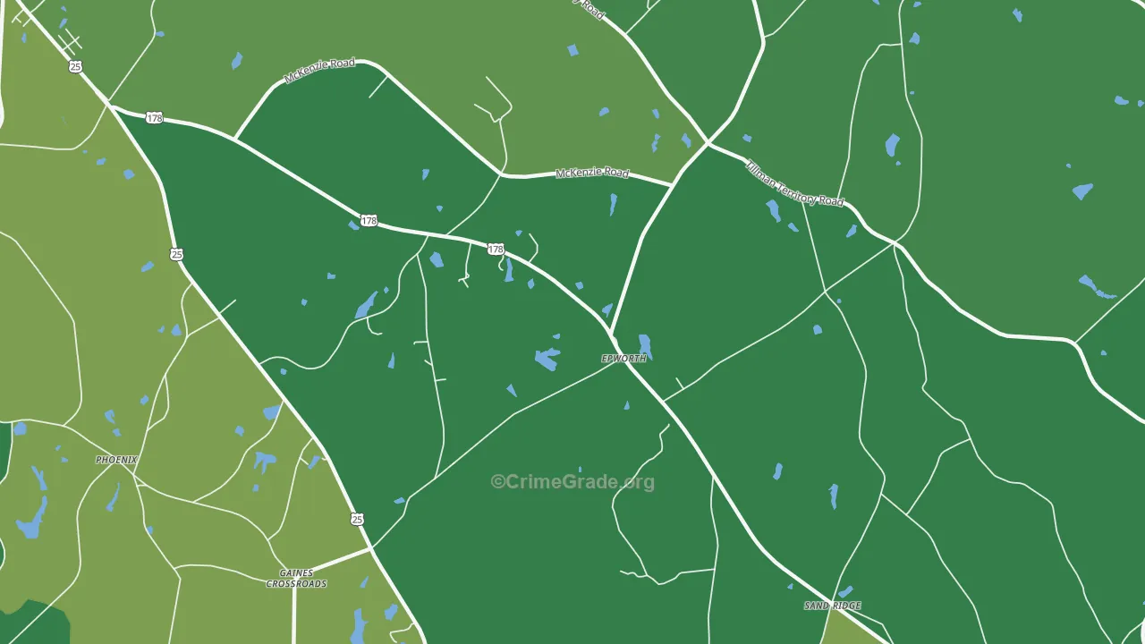 Epworth, SC Map of Vehicle Theft Rates
