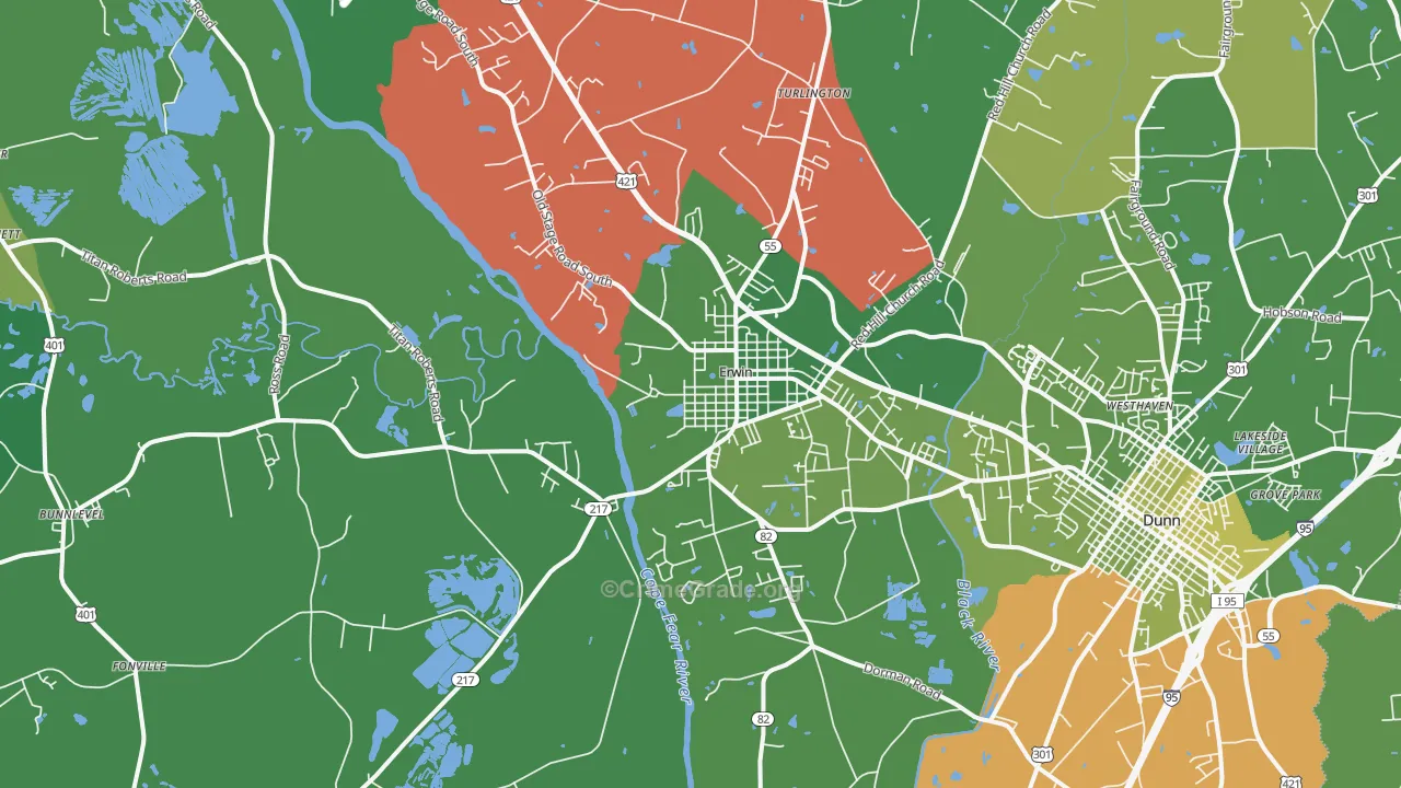 Erwin, NC Map of Vehicle Theft Rates
