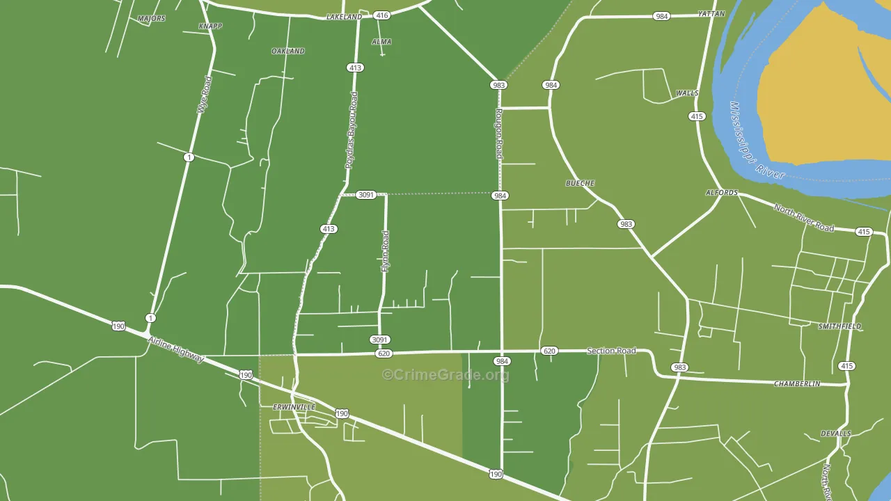 Erwinville, LA Map of Vehicle Theft Rates