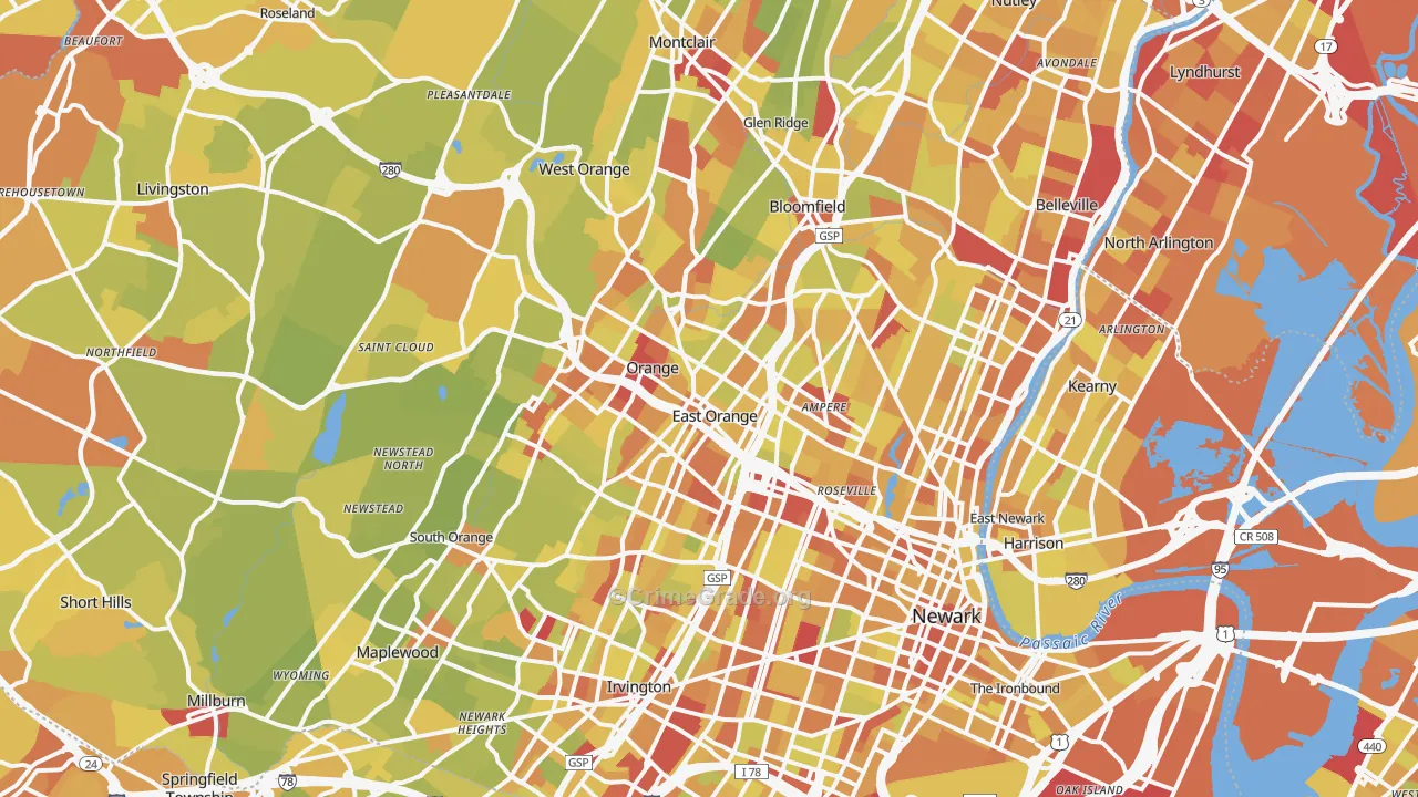 Essex County, NJ Map of Vehicle Theft Rates