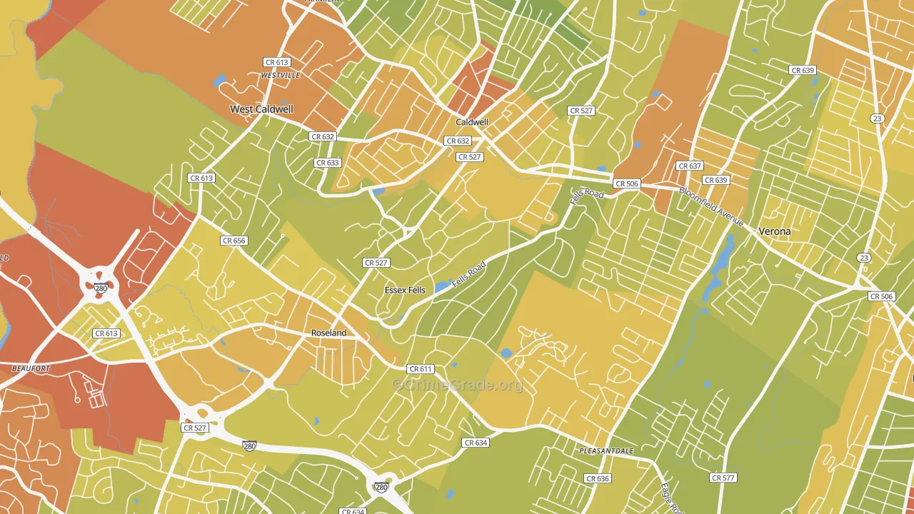 Essex Fells, NJ Map of Vehicle Theft Rates