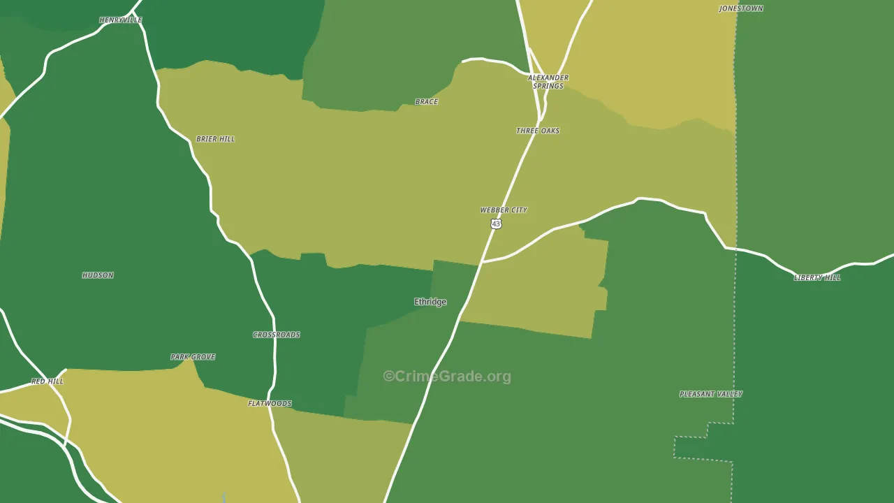 Ethridge, TN Map of Vehicle Theft Rates