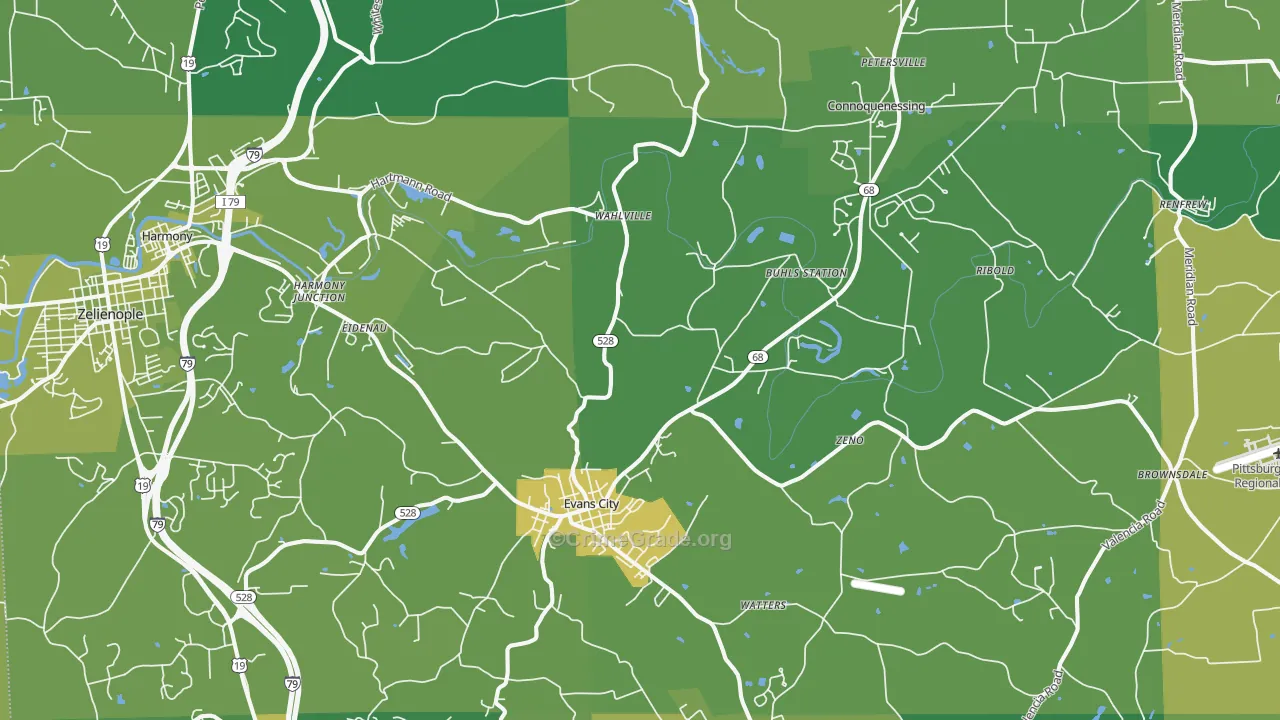 Evans City, PA Map of Vehicle Theft Rates