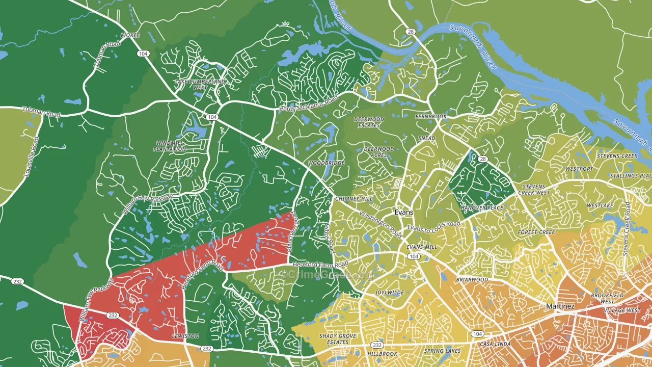 Evans, GA Map of Vehicle Theft Rates