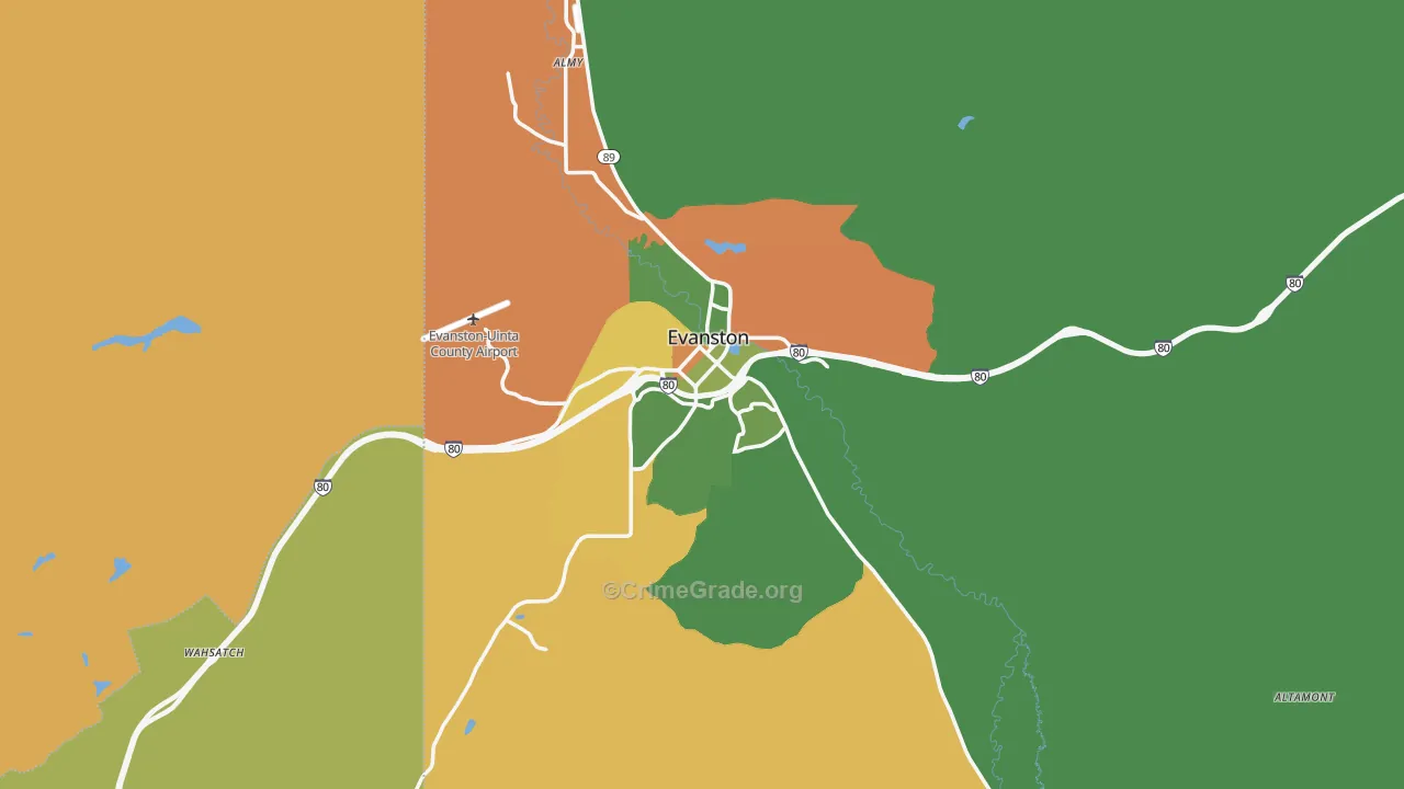Evanston, WY Map of Vehicle Theft Rates