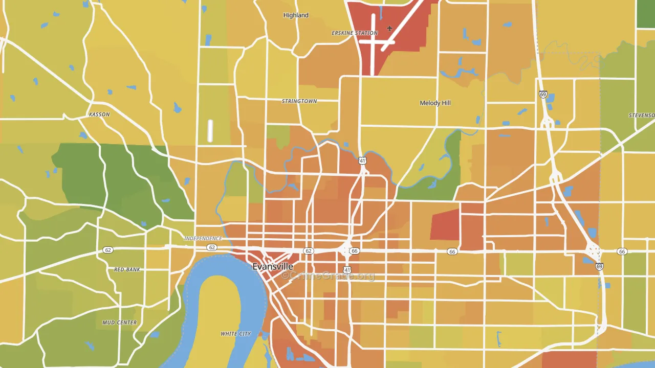 Evansville, IN Map of Vehicle Theft Rates