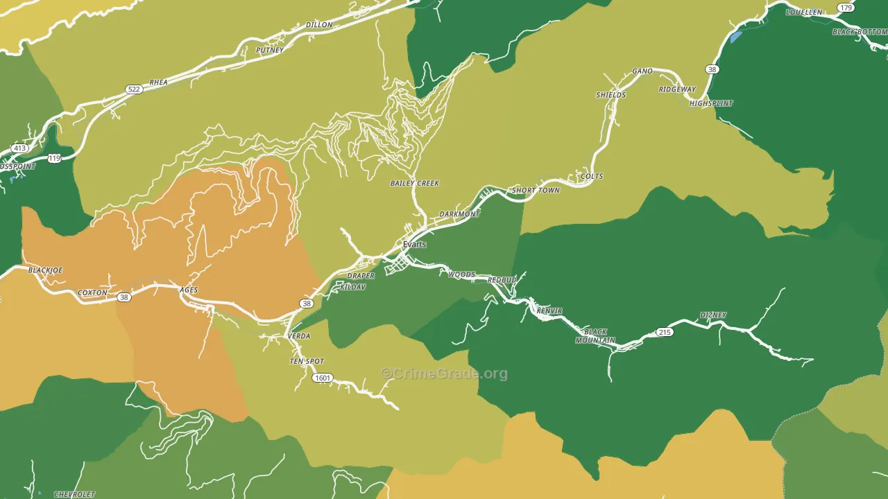 Evarts, KY Map of Vehicle Theft Rates