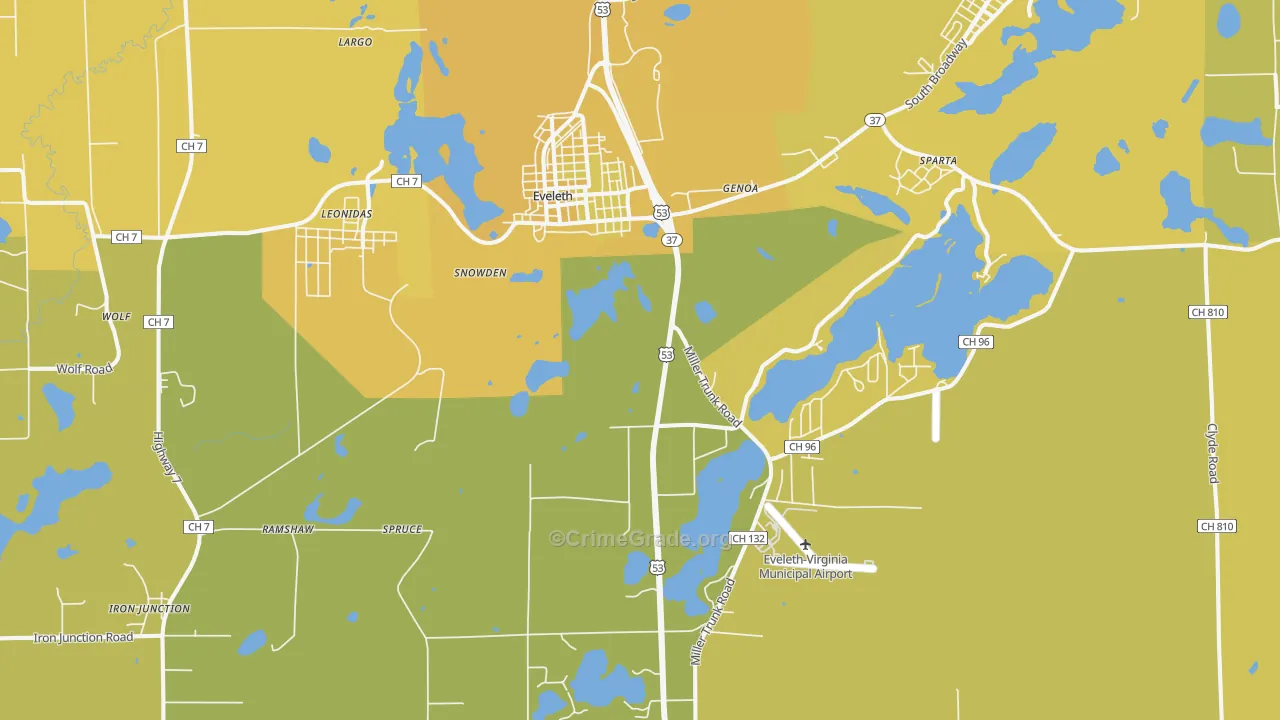 Eveleth, MN Map of Vehicle Theft Rates