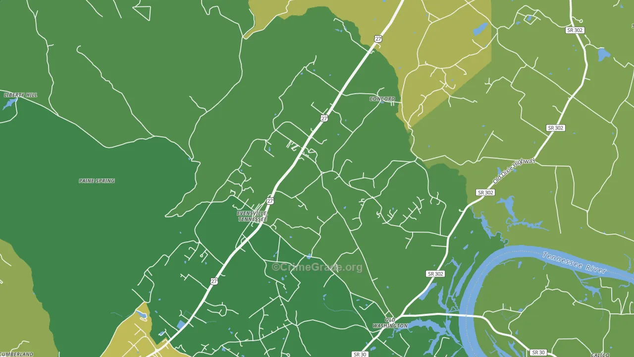 Evensville, TN Map of Vehicle Theft Rates