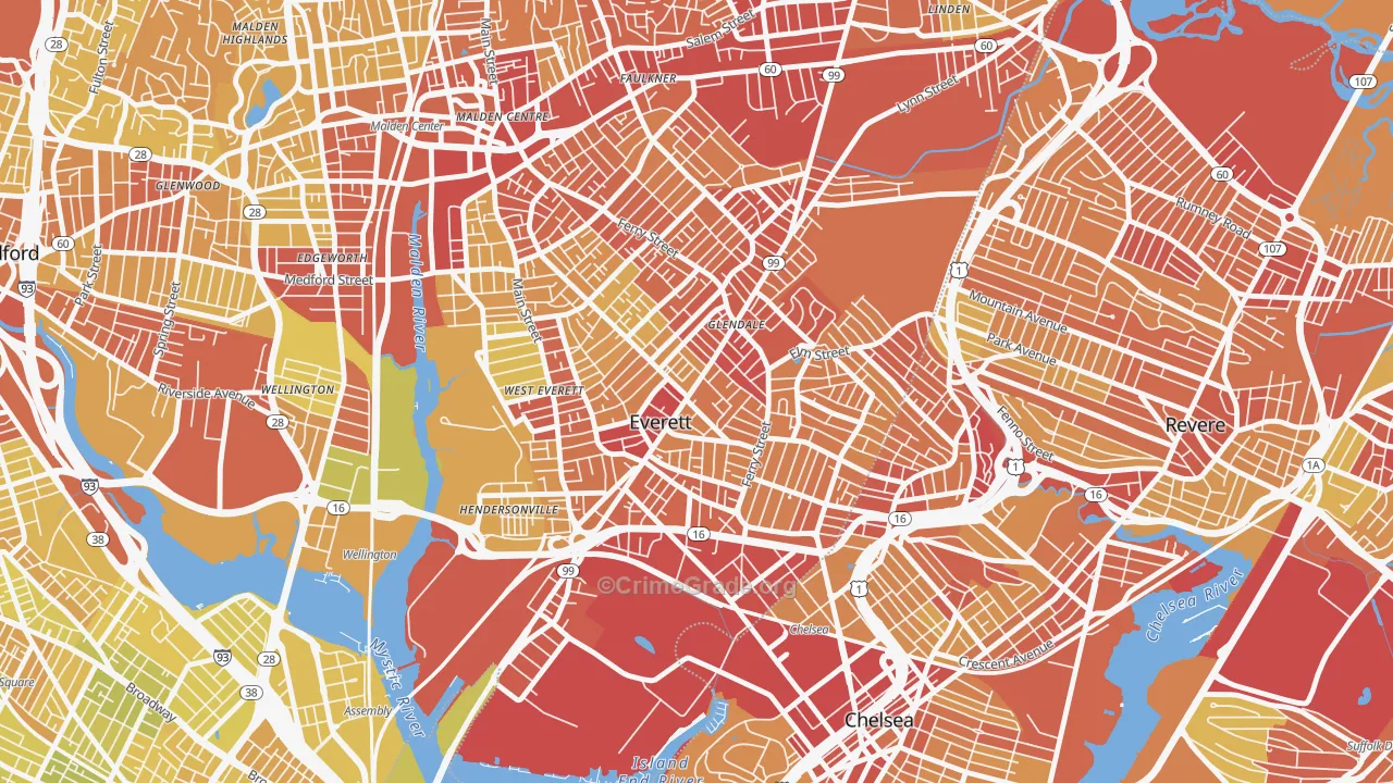 Everett, MA Map of Vehicle Theft Rates