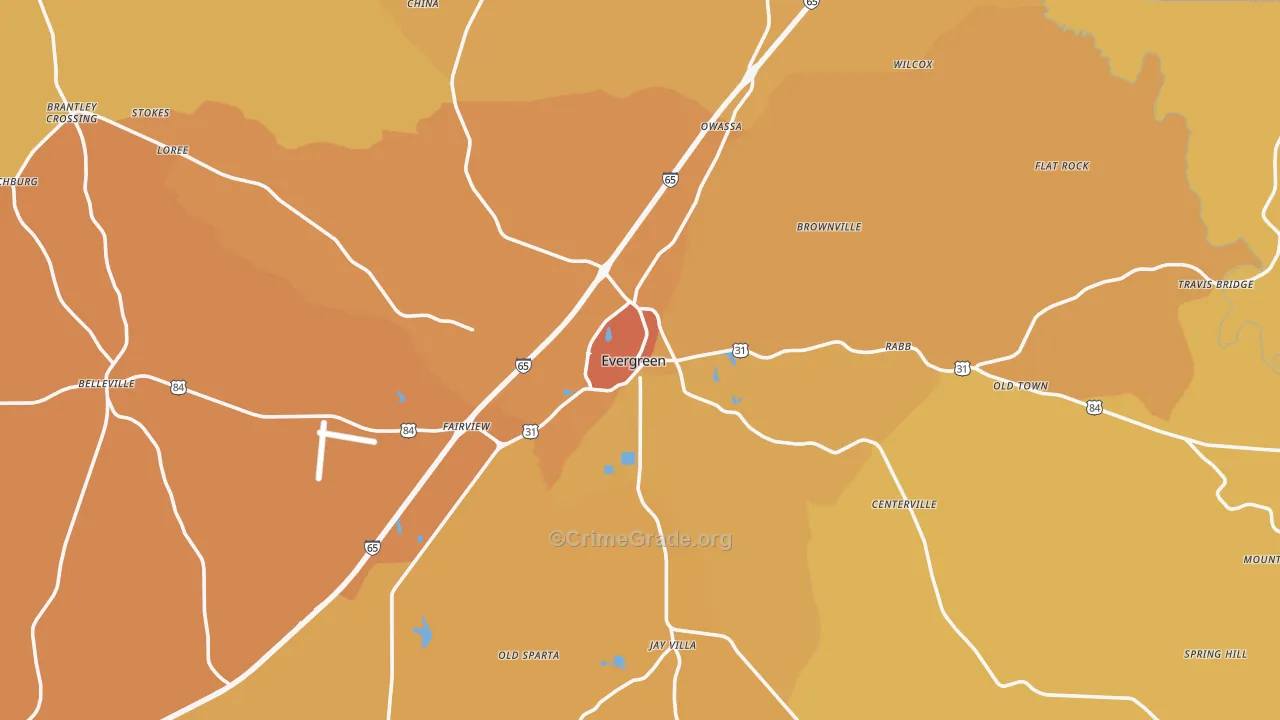 Evergreen, AL Map of Vehicle Theft Rates