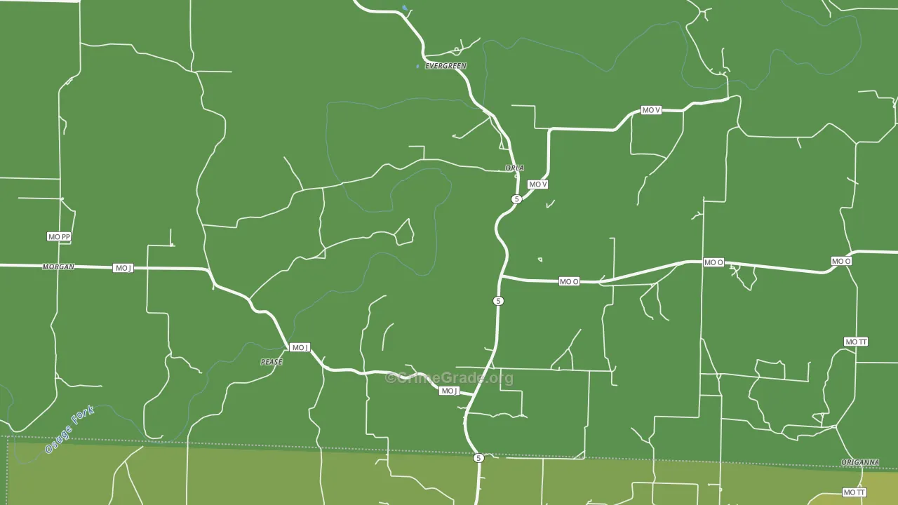 Evergreen, MO Map of Vehicle Theft Rates