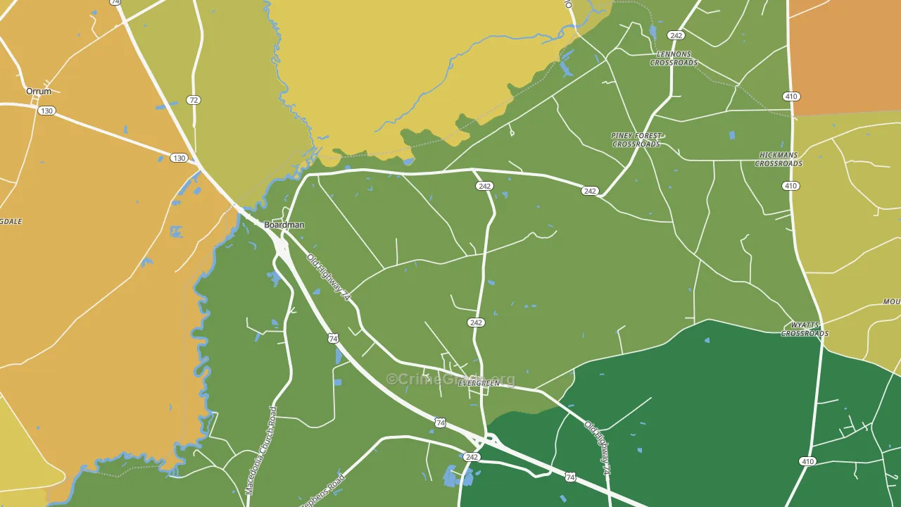 Evergreen, NC Map of Vehicle Theft Rates