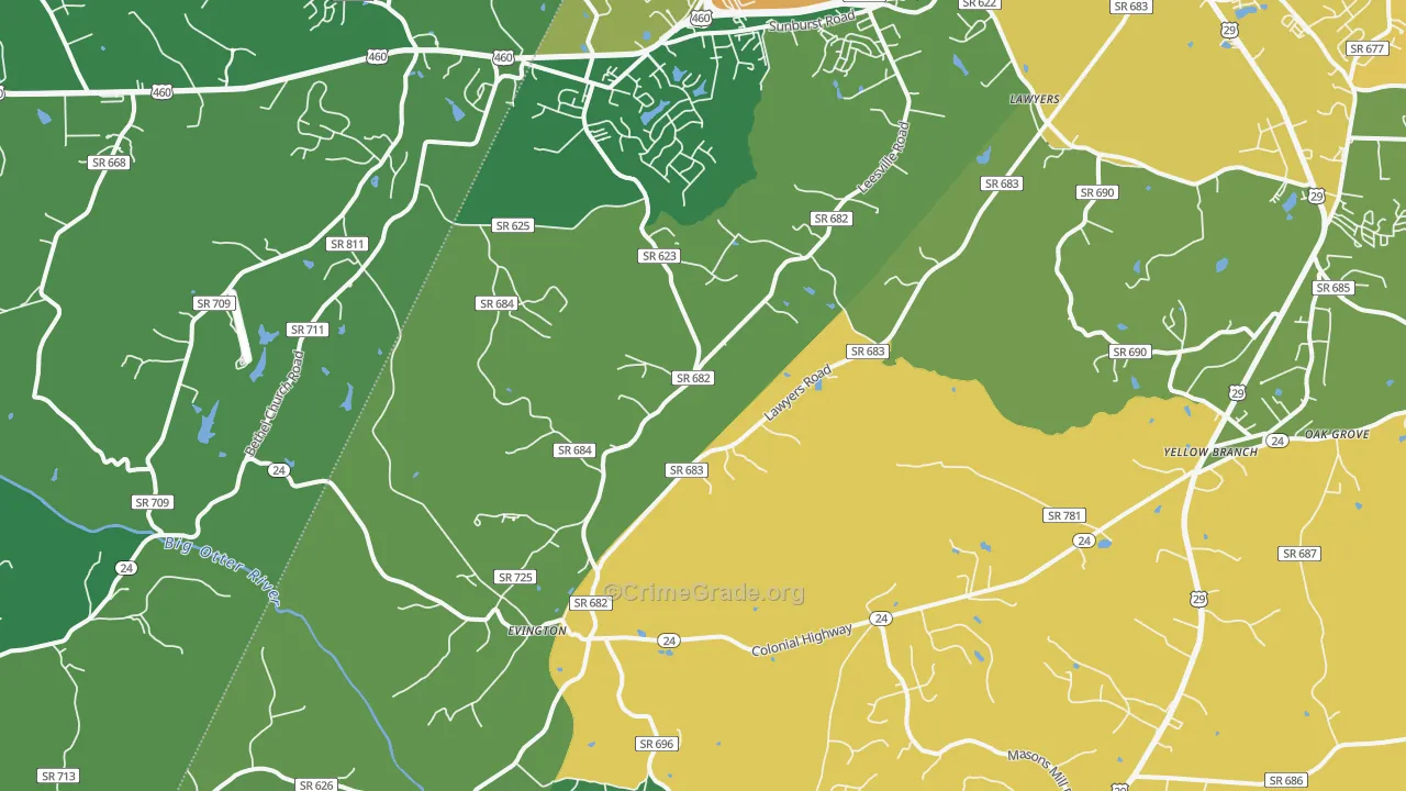 Evington, VA Map of Vehicle Theft Rates