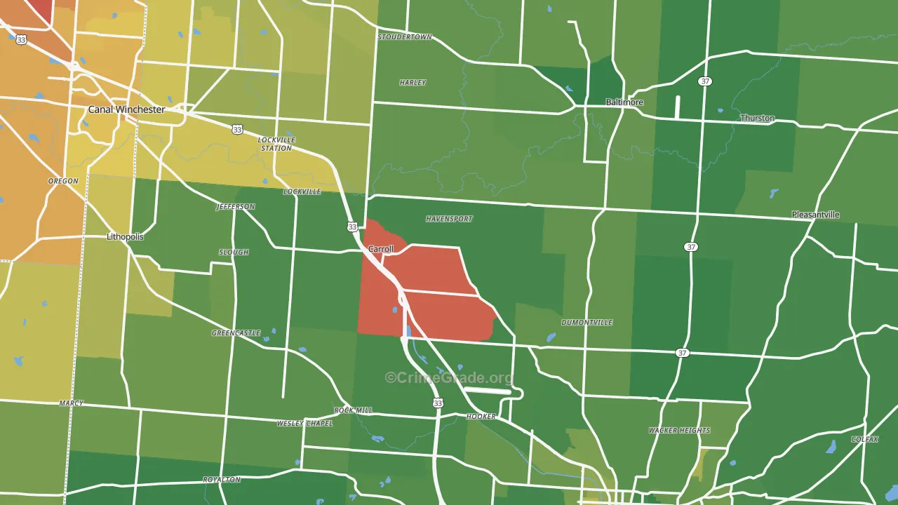 Fairfield County, OH Map of Vehicle Theft Rates