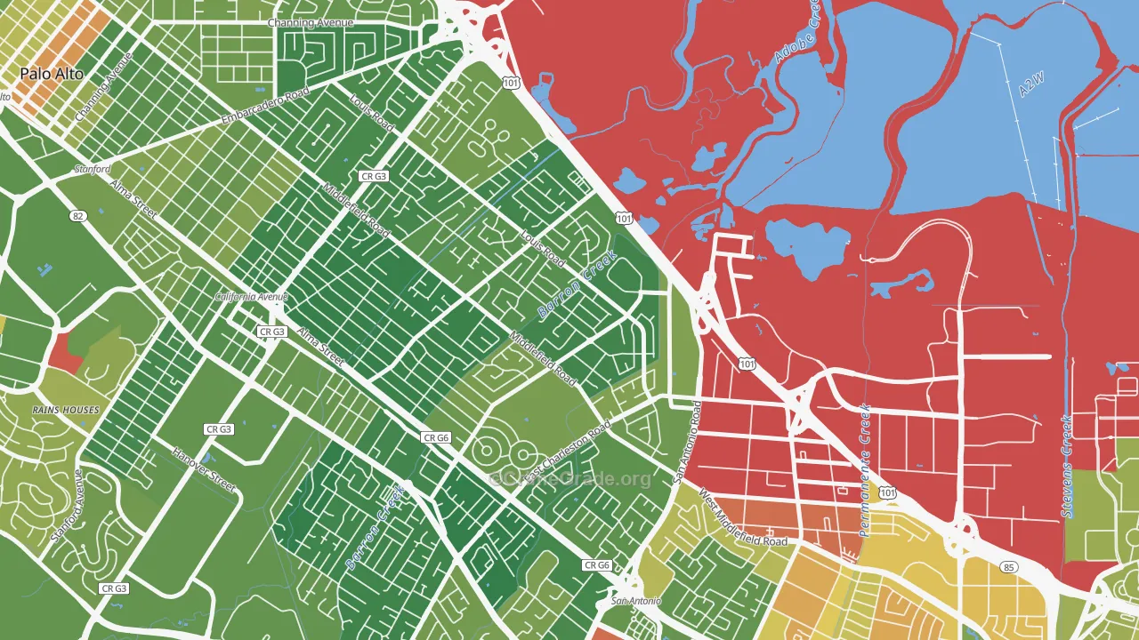 Fairmeadow, Palo Alto, CA Map of Vehicle Theft Rates