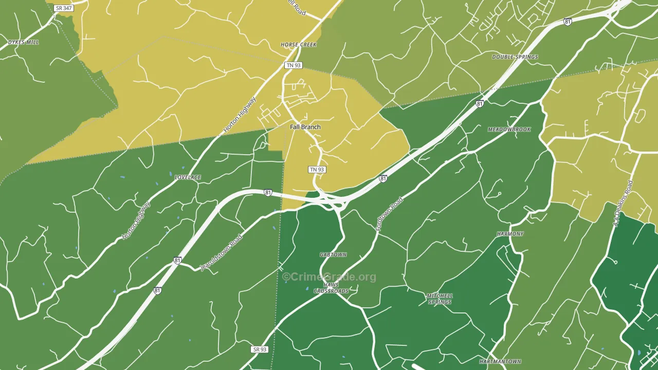 Fall Branch, TN Map of Vehicle Theft Rates