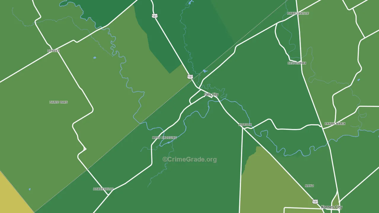 Falls City, TX Map of Vehicle Theft Rates
