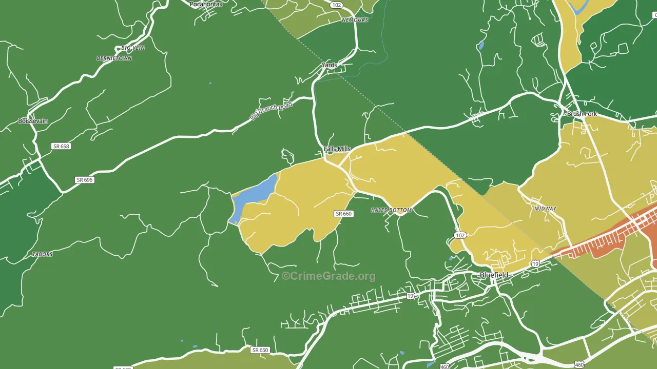 Falls Mills, VA Map of Vehicle Theft Rates